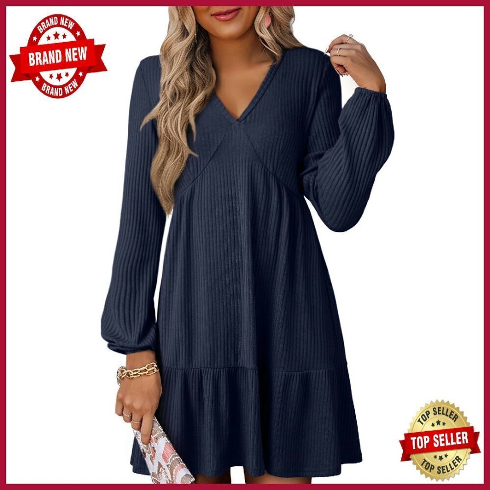 Long Sleeve V Neck Ribbed Knit Empire Waist A Line Swing Mini Dress